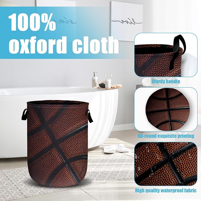 Basketball Texture Laundry Basket, Sport Ball Laundry Hamper Collapsible Oxford Cloth with Handle Clothes Toy Storage Bin for Bathroom Laundry Room Bedroom 15.7 X 20 Inch