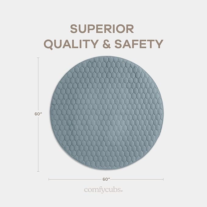 Comfy Cubs Round Kids Play Mat - Large 60 inches Soft Quilted Baby Floor Mat with Non-Slip Bottom - Plush Design for Toddlers' Playtime - Comfortable and Durable - Pacific Blue