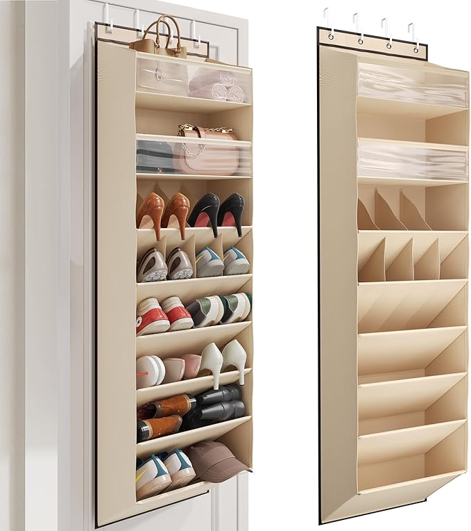 Mefirt 8 Tier Clear Over the Door Shoe Organizer with Deep Pockets, Door Shoes Rack with hard Cardboard and Tubes to Keep the Shape, Hanging Shoe Rack for Closet Organizers, Shoe Holder Beige