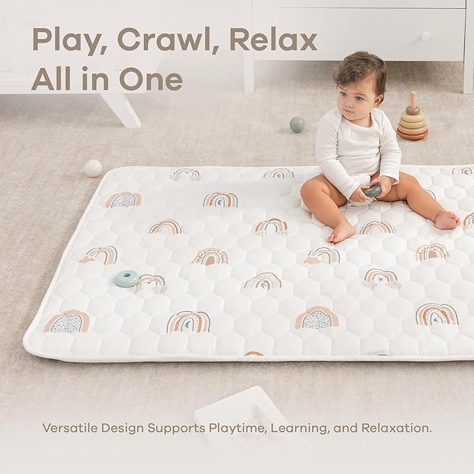 Comfy Cubs Rectangle Kids Play Mat - Small 36 x 60 inches Soft Quilted Baby Floor Mat with Non-Slip Bottom - Plush Design for Toddlers' Playtime - Comfortable and Durable - Rainbow