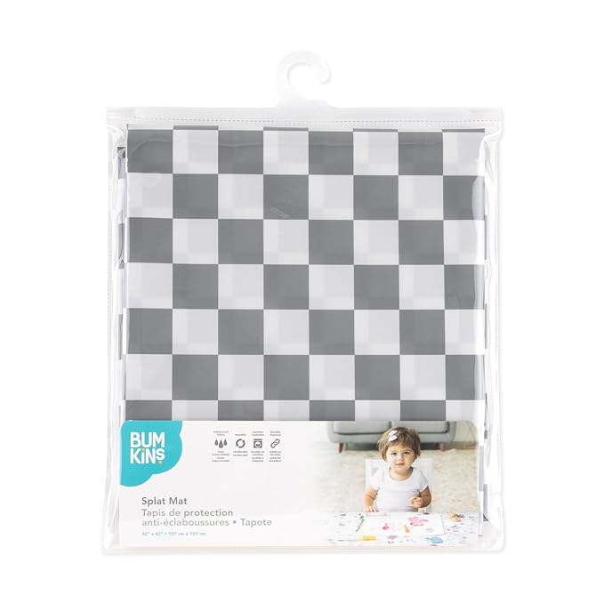 Bumkins Baby Splat Mat for Under High Chair, Babies Toddlers Eating Mess Mat, Waterproof Reusable Cloth for Arts and Crafts, Playtime for Kids, Floors or Tables, Fabric 42inx42in, Gray Check
