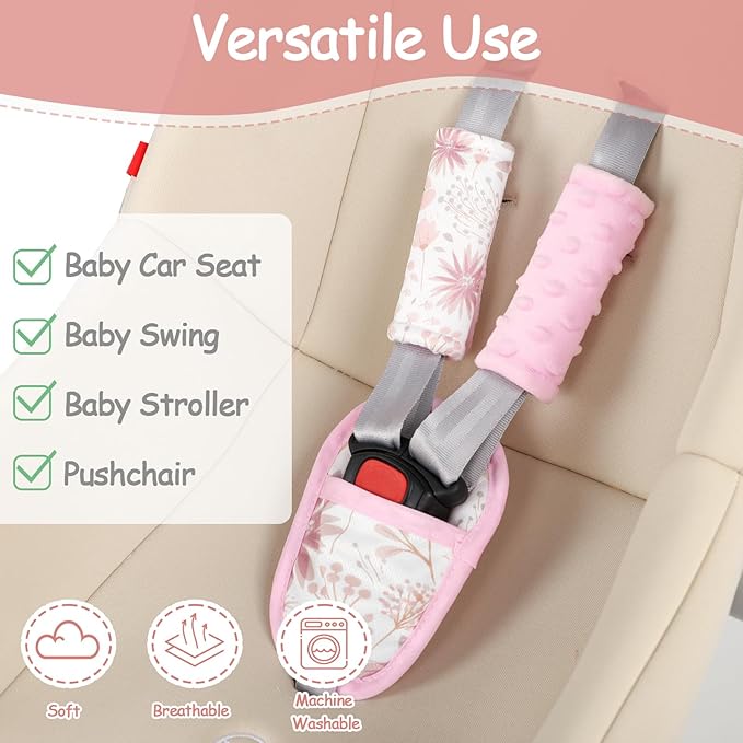 WINGHENLEE Baby Car Seat Strap Pads Suit, 3 Pieces Soft Car Seat Strap Shoulder Covers for Baby Infant Toddler, Double-Sided Car Seat Belt Covers for Stroller, Pushchair, Baby Swing, Pink Floral