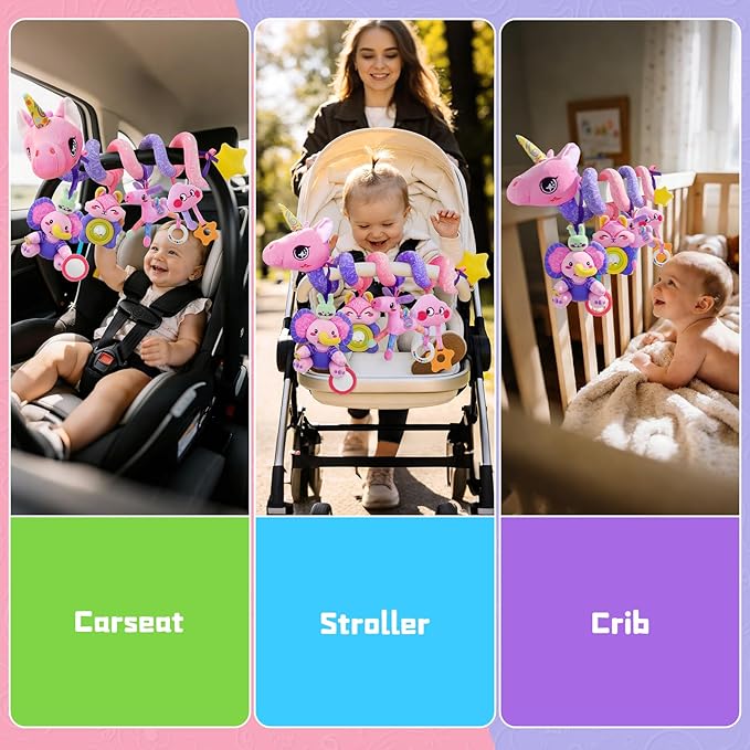 Musical Car Seat Toy for Babies 0-12 Months Girl, 5-in-1 Sensory Activity Hanging Toy Stroller Toy with Soothing Music, Rattle, Mirror for Newborn Infants Essential Gifts, Unicorn