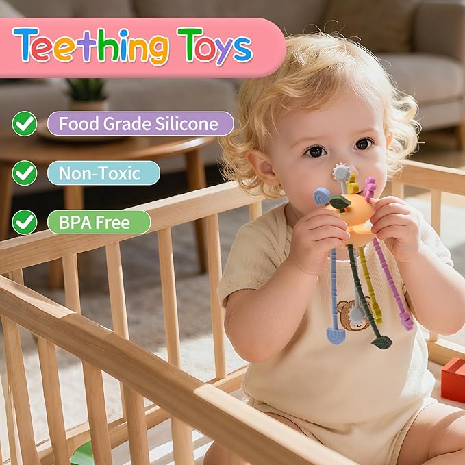 Little Rawr Silicone Baby Sensory Montessori Toys & Pull String Toys for 18 M+, Toddler Birthday Gift Car Seat Airplane Travel Toy for 1 2 Year Old Boy Girl Infant 18 Months Old (Orange)