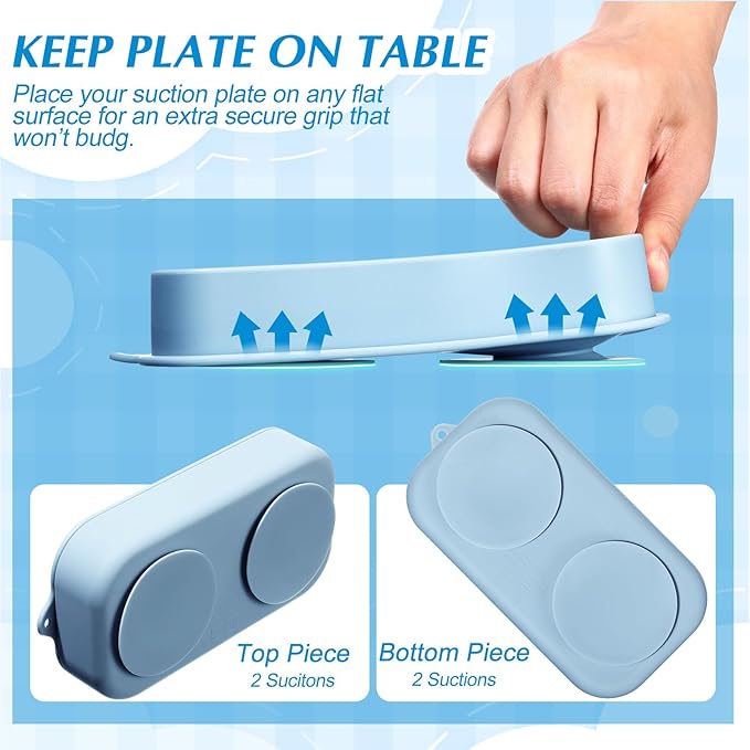 Uiifan 2 Pack Baby Suction Plate Set Silicone Suction Plate with Lid Divided Bowls for Portable Toddler Utensils Compact for Self Feeding Baby Travel Essential(Blue, Sage Green)