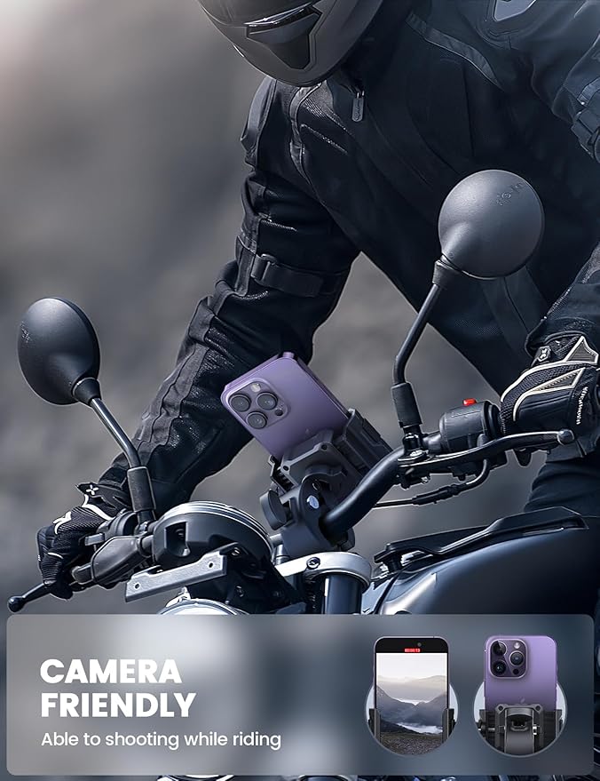 Lamicall Motorcycle Phone Mount Holder - [Camera Friendly] [1s Lock] Bike Phone Holder Handlebar Clamp, Bicycle Scooter Phone Clip, Gifts for iPhone 17, 16, 15 Pro Max, Galaxy S25 Ultra, 4.7-7" Phones
