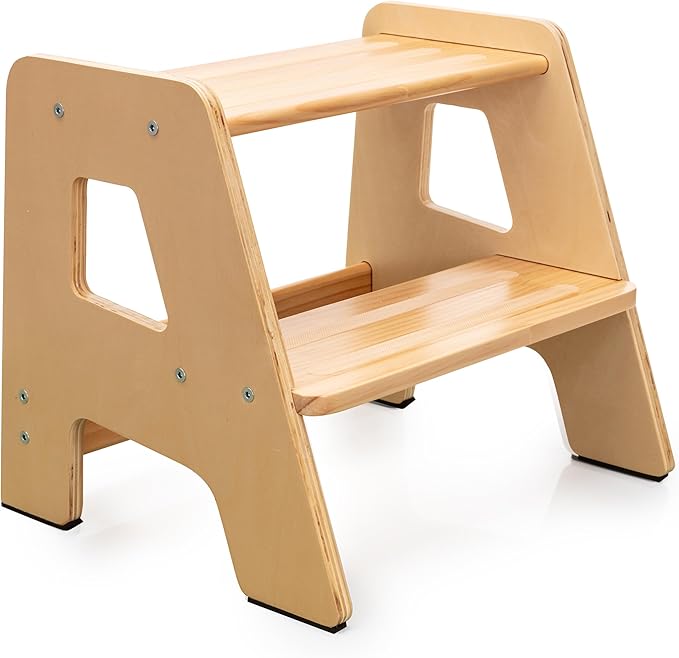 OCODILE 2-Step Wooden Step Stool for Toddlers | Kids Stool for Bathroom Sink & Kitchen Use | Non-Slip Step | Wooden Stool for Children Ages 2+ Years Varnished