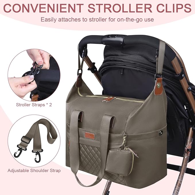 Pritent Diaper Bag Tote, Diaper Baby Bags with Pacifier Case, Shoulder Straps, Stroller Clips, Waterproof Large Mommy Maternity Travel Baby Bag for Mom and Dad, khaki, Medium