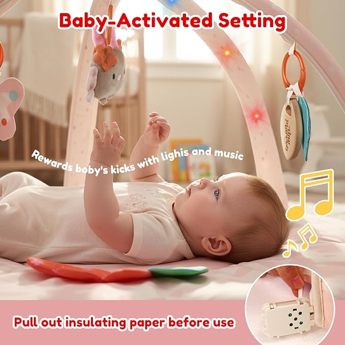 Baby Play Gym & Activity Mat with Light-up Musical Arch, Washable Tummy Time Mat with 6 Detachable Sensory Toys for Motor Skills, Baby Essentials Shower Gift - Updated Spring Blossoms Themed