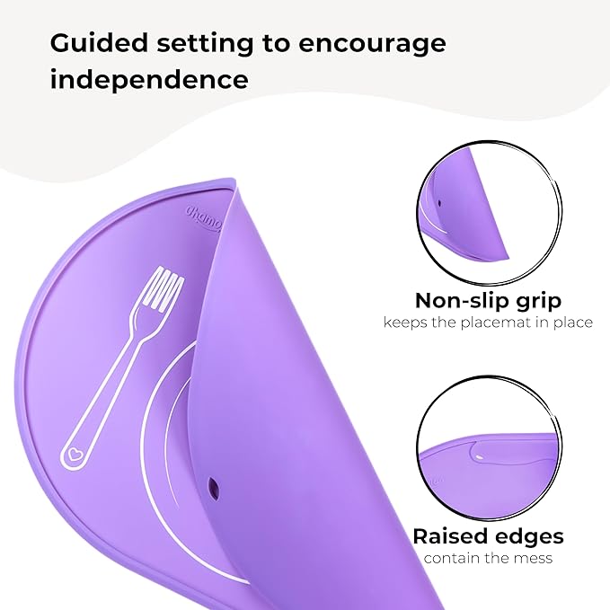 CHAMOS Silicone placemats for Toddlers - Montessori placemat for Round Table - Oval Kids placemats for Dining Table - Non Slip, Small, Educational placemats (Lavender), 14.17x10.23 inch