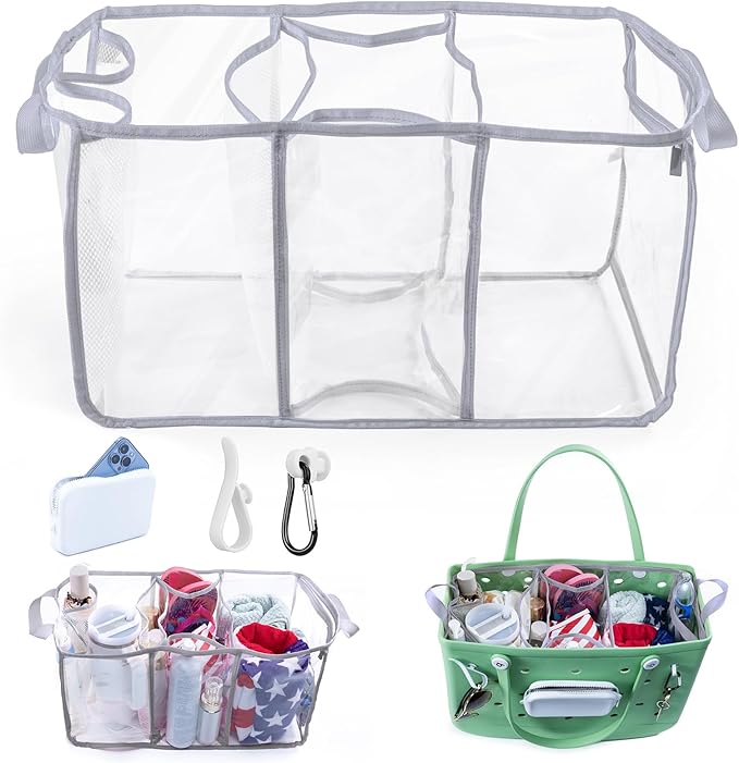 AMOIGEE Clear Beach Bag Organizer Insert with 3pcs Accessories for XL Bogg Bag Inserts - Tote Bag Divider with Sunglasses Holder, Phone Holder and Clips Hooks - Beach Tote Insert Organizer Liner