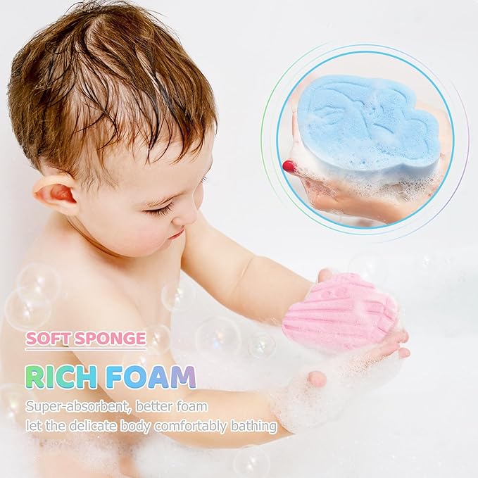 DANCELF Baby Bath Sponge, Natural Cute Shapes Soft Shower Sponges for Bathing, Bathtub Foam for Infants and Toddler, 3pcs : Blue Whale, Pink Ship, Green Dinosaur