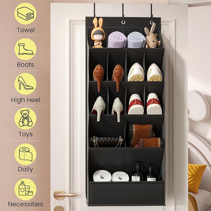 Mefirt Over the Door Shoe Rack with Large Deep Pockets, Door Shoes Organizer for Closet, Hanging Boots Shoe Rack, Behind the Door Narrow Shoe Holder, Multiple Pockets for Flexible Storage, Black ﻿