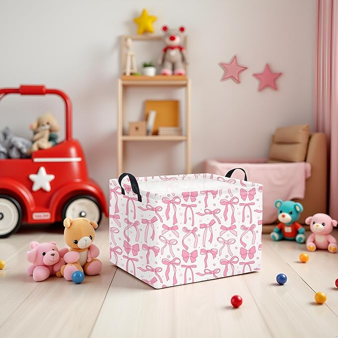 TIBAOLOVER Rectangular Kids Storage Basket for Home Kitchen Girls Cute Storage Bin Organizer Shelf Book Room Decor(Pink Bowknot)