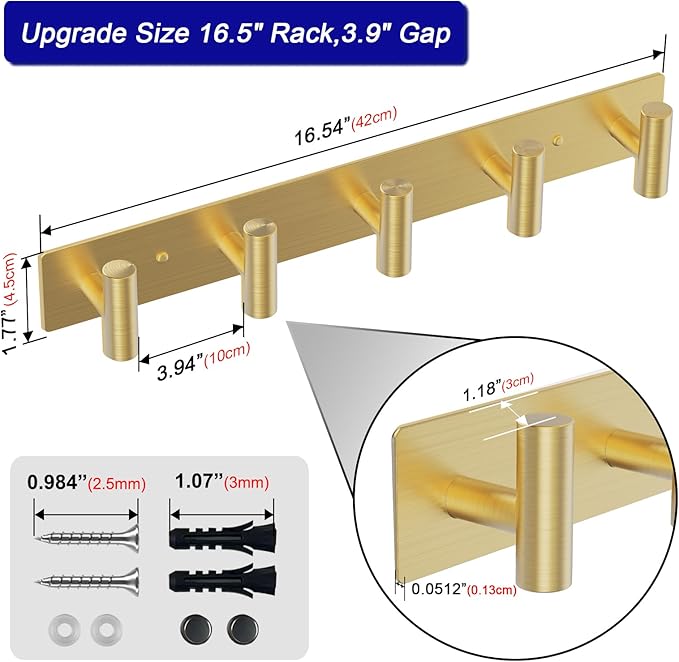 Coat Rack Wall Mount - 5 Hat and Coat Hooks, Heavy Duty Towel Racks for Bathroom Entryway, Wall Hooks for Hanging Robes Bags, Hat Rack Key Hanger Organizer (Gold)