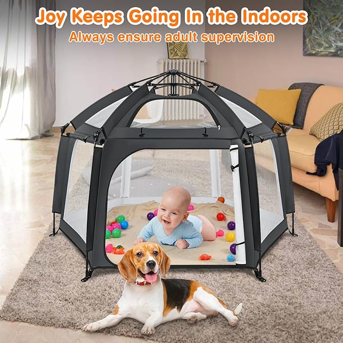 Zooawa Pop Up Playpen for Baby, Portable Playpen for Babies and Toddlers with Removable Sun-Shades& 2 Side UV Covers, Lightweight Outdoor Baby Play-Pen for Beach Home with Travel Bag, Black