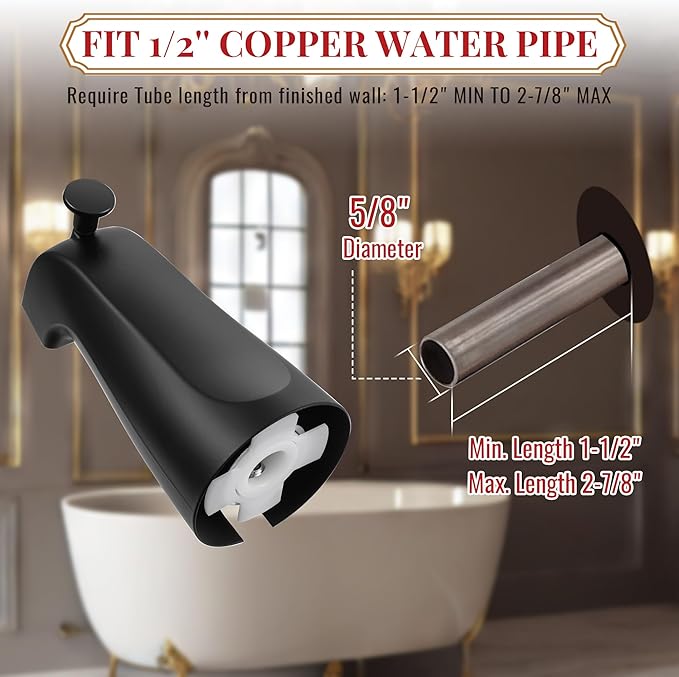 Enhon Slip on Tub Spout with Diverter, Compatible with American Standard 8888026.002 Tub Spout, Bathroom Bathtub Faucet, Fits 1/2 Copper Water Tube(5/8 Dia), 5/32 Hex Wrench(Matte Black,1)