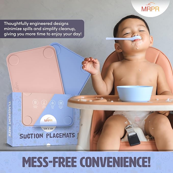 MRPR Silicone Suction Placemats for Toddlers – BPA-Free, Non-Slip, Dishwasher-Safe – Raised Edges, Travel Bags, Heat-Resistant – Mess-Free Mealtime for Home & On-The-Go