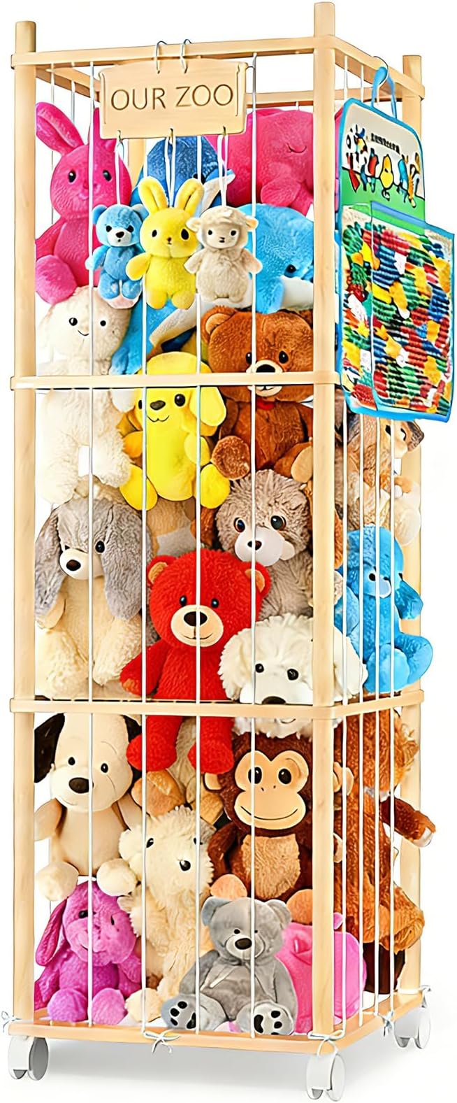 DUOQNY Large Toy Storage Organizer, 54-Inch Wooden Stuffed Animal Cage with Bag & DIY Plaque - Holds Plush Toys, Small Objects for Kids Bedroom, Nursery, Playroom - Gift for Children