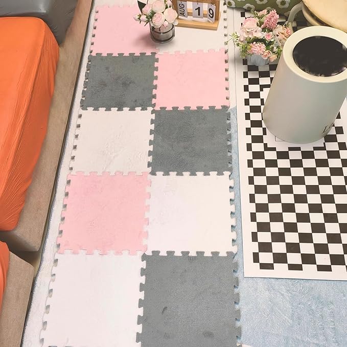 12pcs Plush Puzzle Foam Floor Mat, Cute Soft Fluffy Interlocking Square Foam Tiles Area Rugs Carpet for Parlor Bedroom Decor(11.8x11.8x0.4in, Grey&White&Pink)
