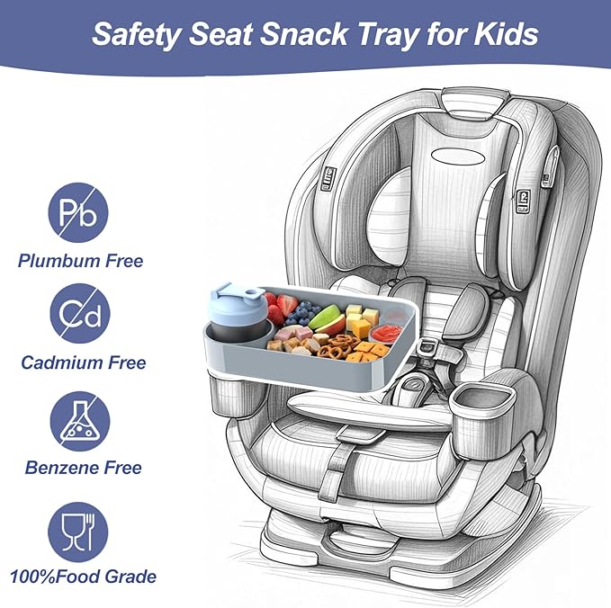 Car Seat Snack Tray for Kids, Mess-Free Square Travel Tray Cup Holder Snack Tray, Durable Car Food Tray for Toddlers, Universal Fit Kids Travel Road Trip Essentials (Gray)