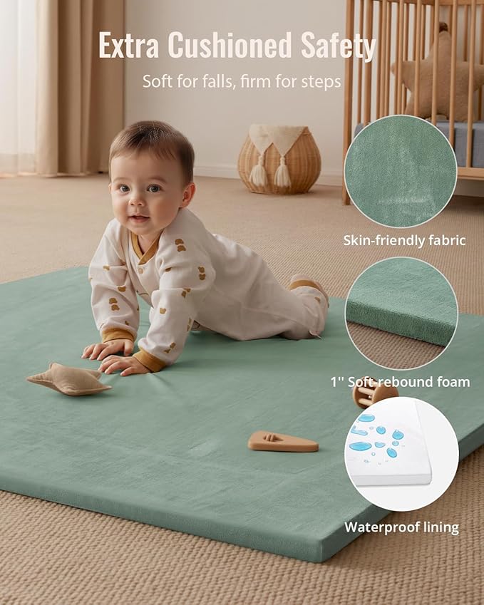 Blissful Diary Ultra Soft Baby Play Mat, 50x50 Floor Mat with Removable & Washable Slip-On Cover for Babies and Toddlers Infants, Sage Green