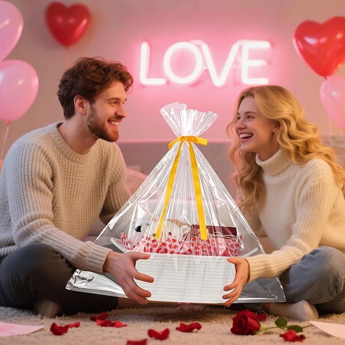 OIAHOMY Woven Basket, Gift Basket Empty with Gift Bags Ribbons and Wrap Tissue Paper, Rope Baskets for Baby Showers, Storage Baskets with Handles for Nursery, Pet Toy Organizer - Valentine's White