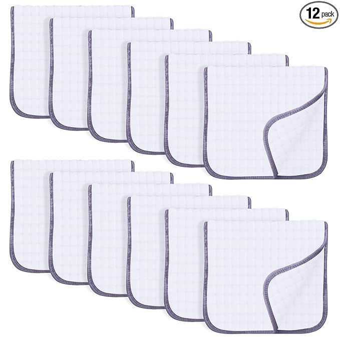 SWEET DOLPHIN 12 Pack Muslin Burp Cloths Large 100% Cotton Hand Washcloths for Baby - Baby Essentials Extra Absorbent and Soft Boys & Girls Milk Spit Up Rags for Newborn Registry - Grey Trim, 20" X10"