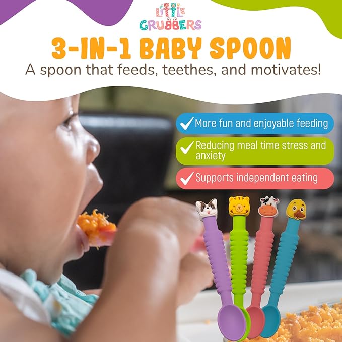 Little Grubbers 3-in-1 Silicone Baby Spoon Self Feeding 6+ Months - Pediatric OT Designed Teether Spoon, BPA Free Toddler Utensils, Mess-Free, Fun for Baby Led Weaning Supplies, Dog & Duck