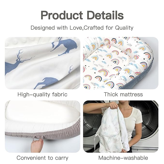 Bubbyhuts Baby Lounger-Breathable and Soft Organic 100% Cotton, Portable Infant Lounger with Removable Lounger Cover, Baby Lounger for Newborn - White Triangle
