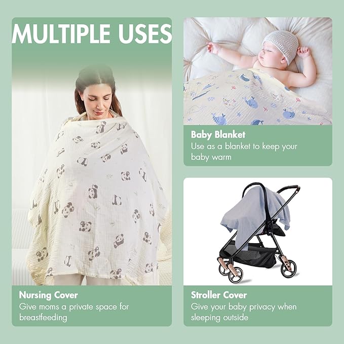 ANYEDDE 2-Pack Muslin Nursing Covers for Breastfeeding - Breathable Breastfeeding Covers with Arch Neckline, Privacy Nursing Cover for Women and Baby, Gray & Panda