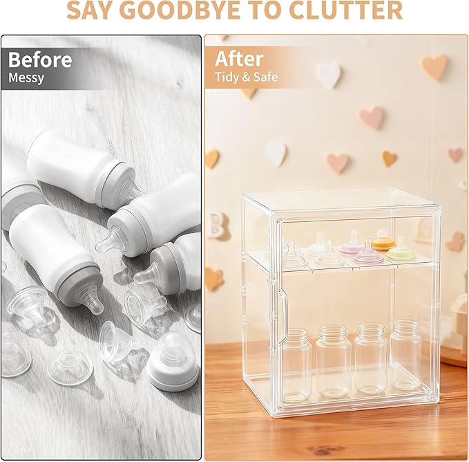 Lifelongpal Baby Bottle Storage Organizer for Countertop Cabinet, 2 Tiers Nursery Clear Acrylic Bottles Station Organizers Container with Removable Dividers and Magnetic Door