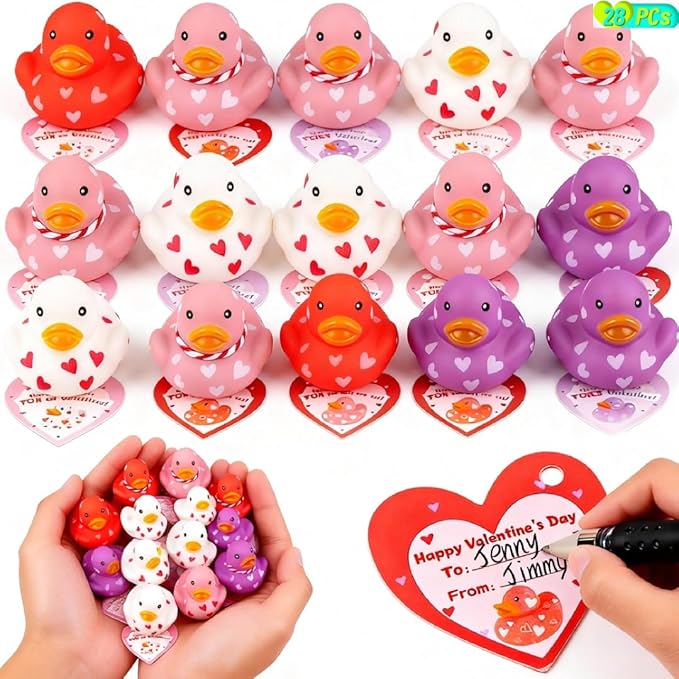 28 Packs Valentines Day Gift Cards with Cute Mini Rubber Duck 2.4x2.4 Bath Toys for School Classroom Valentine’s Exchange Greeting Cards