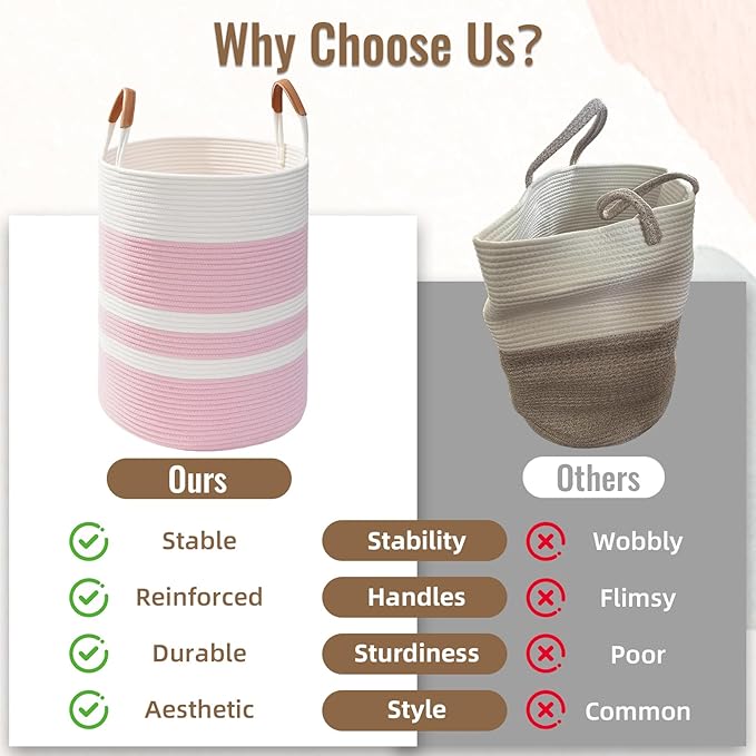Degeyoyo 60L Striped Laundry Basket, Pink Laundry Hamper with Leather Handles, Woven Cotton Rope Storage Bin for Blankets, Nursery Hamper for Clothes, Toys In Bathroom, Livingroom, Bedroom