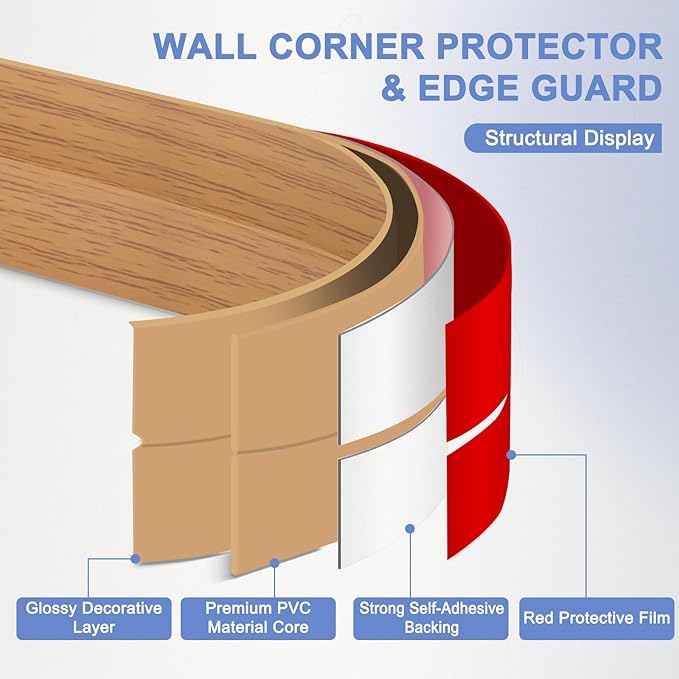 Wall Corner Protector Moulding Trim Peel and Stick Wall Corner Guards Trim Flexible Self Adhesive Edge Protector Moulding, 1.6 in x 20 Ft, Light Brown Wood