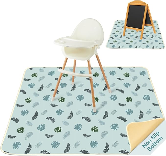 Baby Splat Mat for Under High Chair 51 x 51 Inch Large Waterproof High Chair Mat with Non Slip Bottom Food Catcher for Highchair Boy Girl Mat for Floor Machine Washable, Blue Leaves