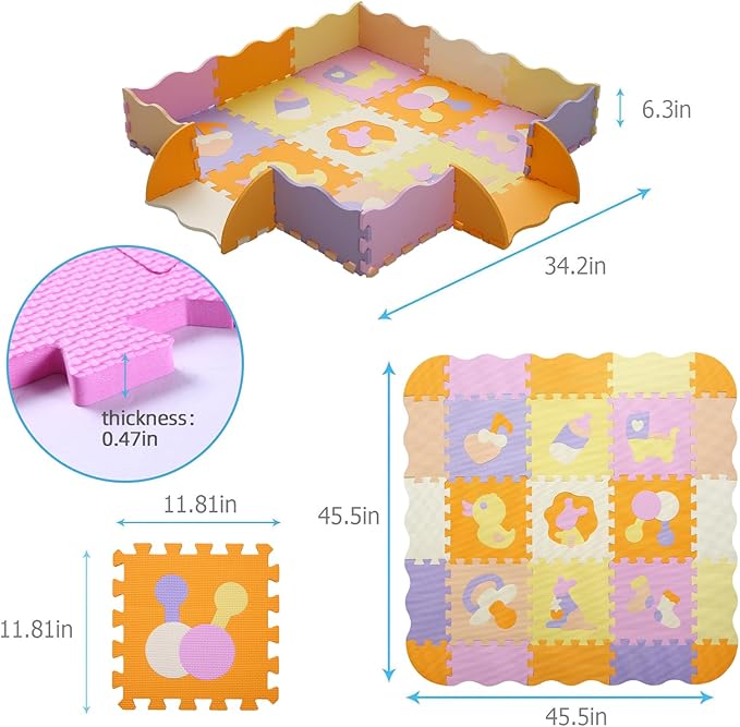 Tamiplay Foam Play Mat for Kids，25Pcs Square Interlocking Puzzle Floor Mat，Baby Play Mat Floor Mat Foam Puzzle Playmat for Toddlers with Fence（Comprehensive-CSH013