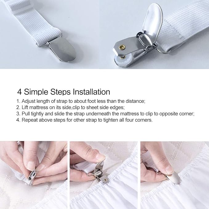 Siaomo Bed Sheet Fasteners Straps - 2 Way Adjustable Crisscross Sheet Corner Holder Straps Clips Gripper Elastic Sheet Band Suspenders Fasteners(2 Set/4Pcs, White)
