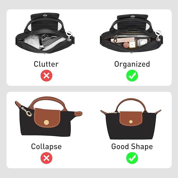 Felt Purse Organizer Insert Compatible with Longchamp Le Pliage Mini Original/Green Pouch and More, Small Bag Insert with Zipper for Women Handbag(Mini, Black)