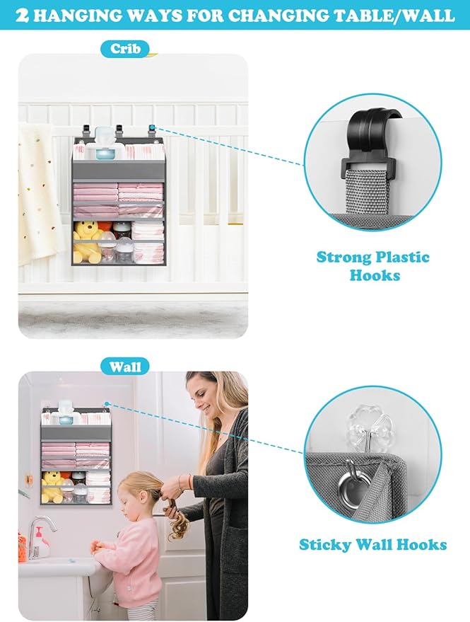 Hanging Diaper Caddy Organizer Crib Organizer–Spacious Baby Girl/Boy Nursery Storage Organizer for Changing Table, Playpen/Wall- Hold 90+ Diaper (Grey)