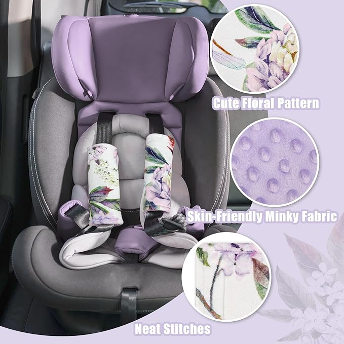 Car Seat Strap Pads for Baby Kids, HNHUAMING Ultra Soft Carseat Straps Shoulder Covers, 2 Pack Infant Seat Belt Cover Pad for Baby Car Seats/Strollers/High Chair/Pushchair, Purple Floral