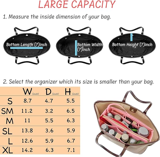 Purse Organizer Insert with Zipper Felt Bag Organizer for Tote Purse Bag Pink Medium