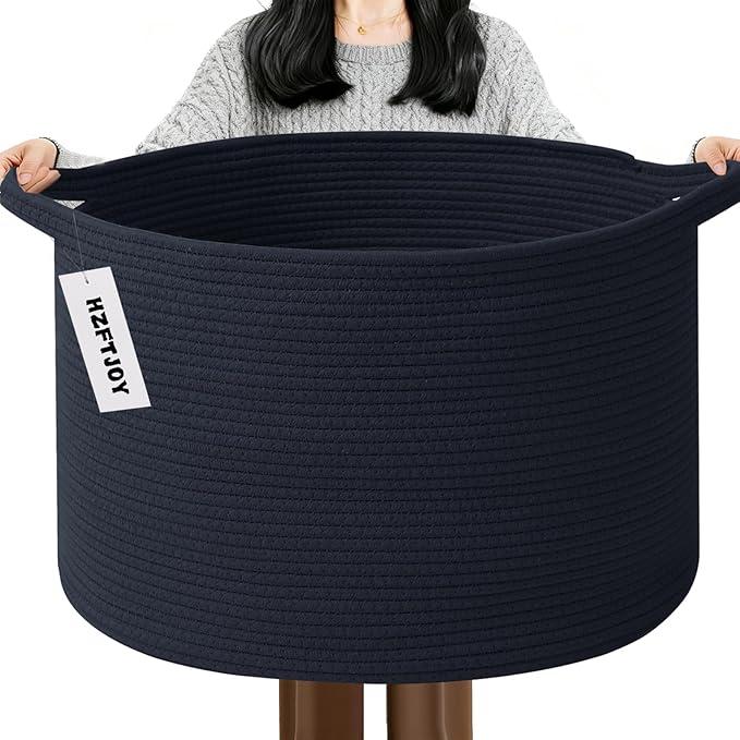 Large Storage Basket with Handle,23.6" x 23.6" x 15.7" Blanket Basket Storage Bins for Organizing,115L Cotton Rope Woven Baskets for Living Room, Nursery,Bedroom,Navy