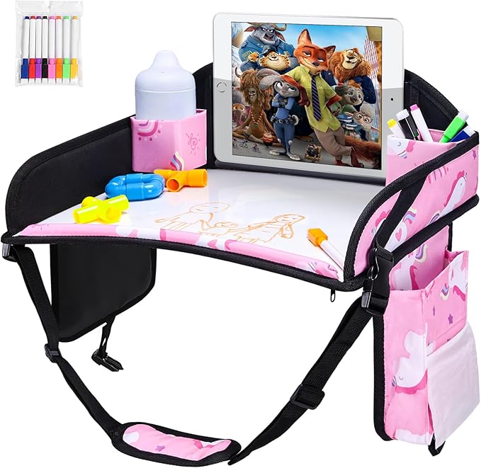 3PCS Kids Travel Tray for Airplane - Toddler Car Seat Table Tray, Road Trip Essentials for Boys & Girls, Carseat Lap Desk for Kids Road Trip Activities