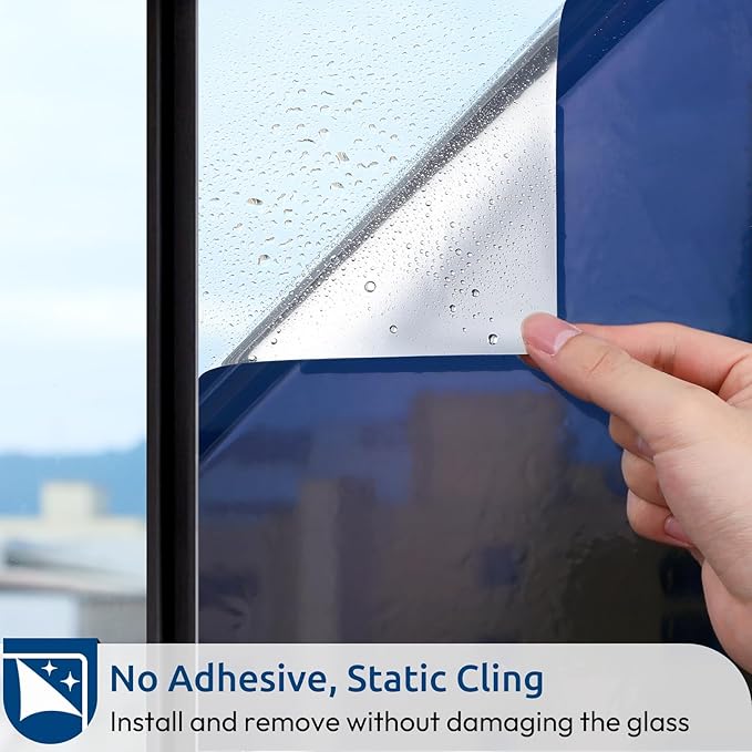 rabbitgoo Window Privacy Film One Way Window Tint for Home, Removable Reflective Heat Sun Blocking Anti UV Glass Door Covering, Mirror Tinting Film House Office, 35.4 in X 13.1 Feet, Blue Silver