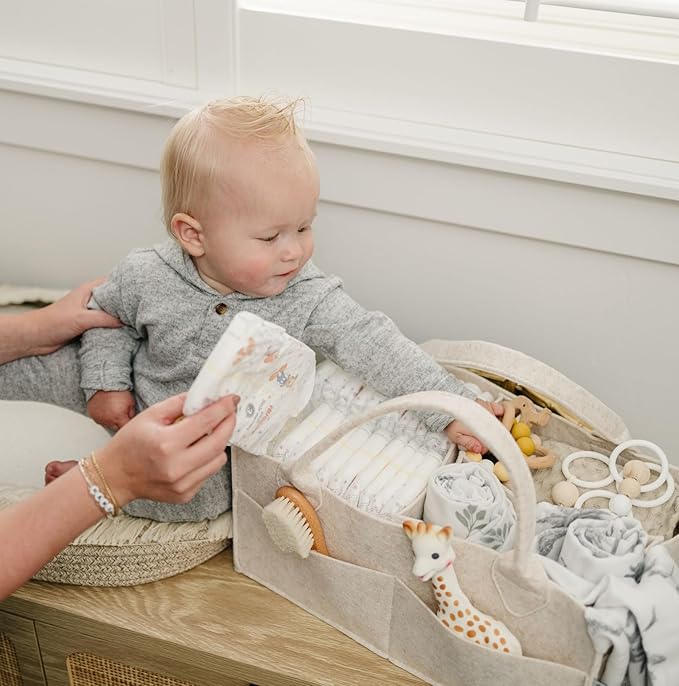 PUTSKA Baby Diaper Caddy Organizer - Nursery Storage Basket for Diaper Station, Baby Basket Shower List and Registry Gift Must-Haves, Newborn Essentials, Nursery Decor for Boy or Girl - Mocha,Regular