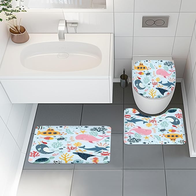 4 PCS Blue Kids Bathroom Set Summer Ocean 72Wx72H Shower Curtain Set Bath Rug Toilet Lid Cover Nonslip U Shape Mat Whale Funny Cartoon Cute Animal Resistant Accessories 12 Hooks Bathroom Decor