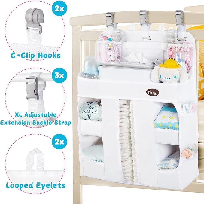 HHZ XL Hanging Diaper Caddy Organizer –Sturdy and Durable Baby Organizer – Diaper Stacker for Changing Table, Crib, Playard or Wall & Nursery Organization （White）