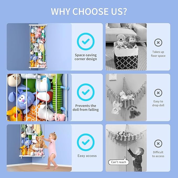Stuffed Animal Storage Toy Organizer(Patented) - Corner Stuffed Animal Holder Length Adjustable - Stuffed Animal Wall Storage for Nursery Playroom Bedroom Kids Room Decor(White)