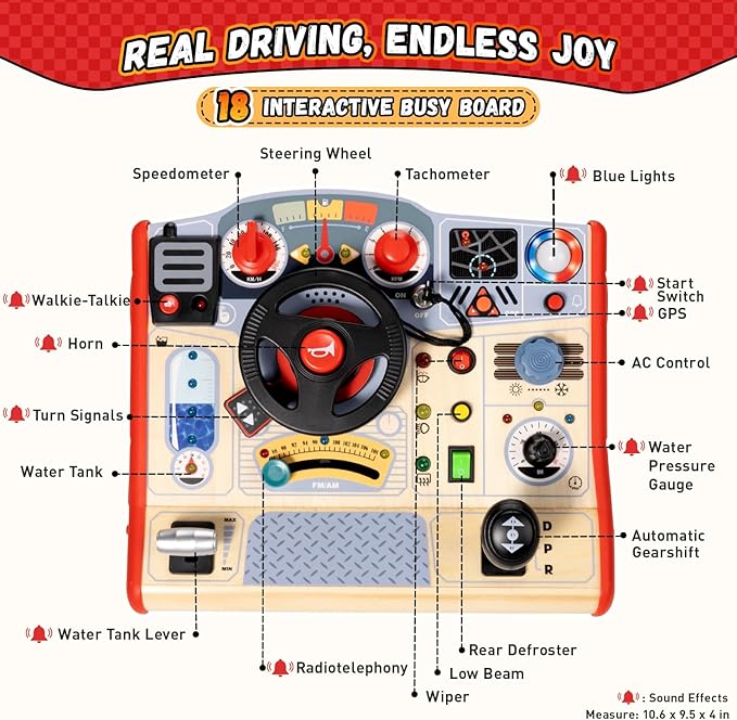 Toddler Busy Board Toy for Steering Wheel with Sounds & Lights, Sensory Montessori Toy for 3 Year Old Boys Girls Birthday Present, Wooden Travel Toys for Kids Ages 3